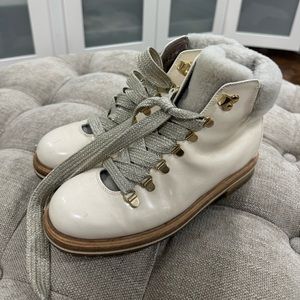 AGL Intrend Shearling Fur Lace up Military Women's Ivory Ankle Booties Size 38
